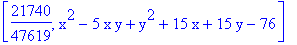 [21740/47619, x^2-5*x*y+y^2+15*x+15*y-76]